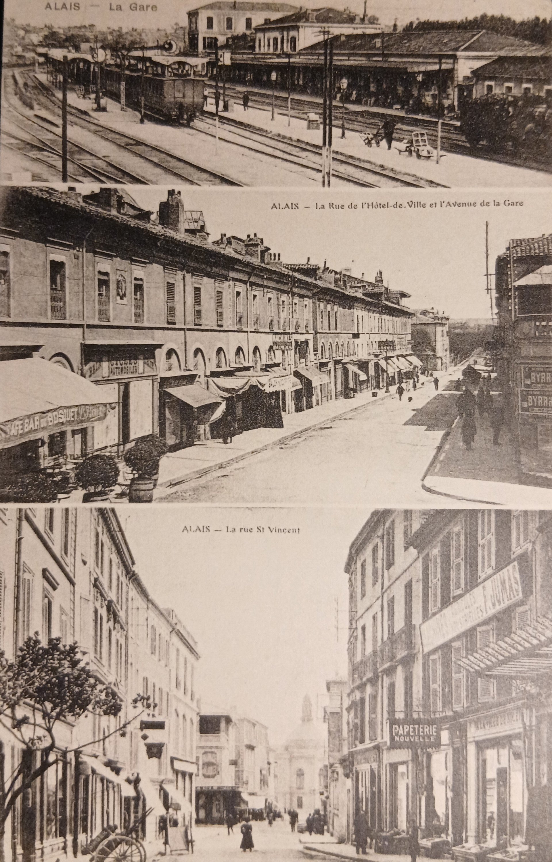 Carte postale ancienne multivues - rue Saint Vincent - la gare - rue de l'hôtel de ville.
CPA Alès